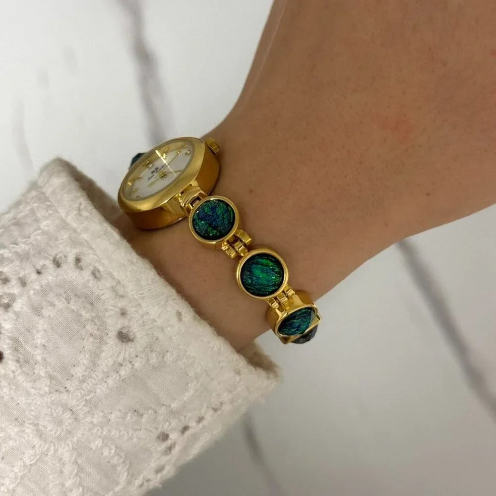 SKU0011 Retro Gold/Blue Stones Women Fashion Watch Stainless steel +‎ gift bag